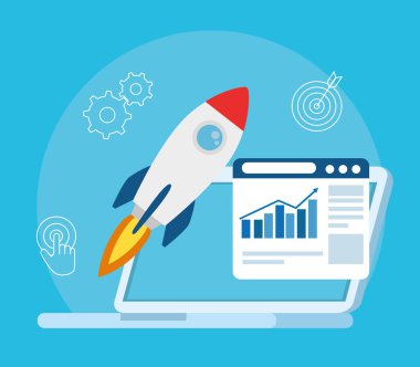 iş kurma konsepti, afiş, iş nesnesi başlatma süreci, dizüstü bilgisayarlı roket ve web sayfası