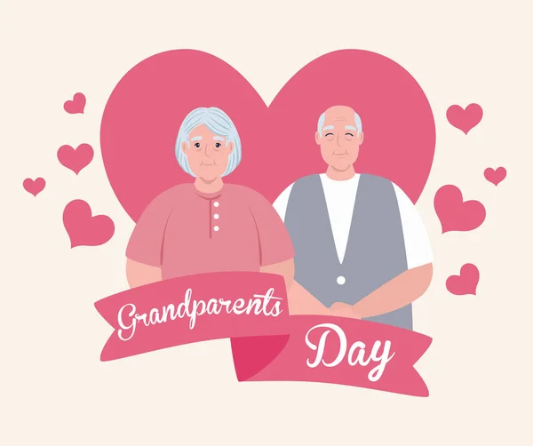 Heureux grand-parents jour avec mignon couple plus âgé et décoration des cœurs — Image vectorielle