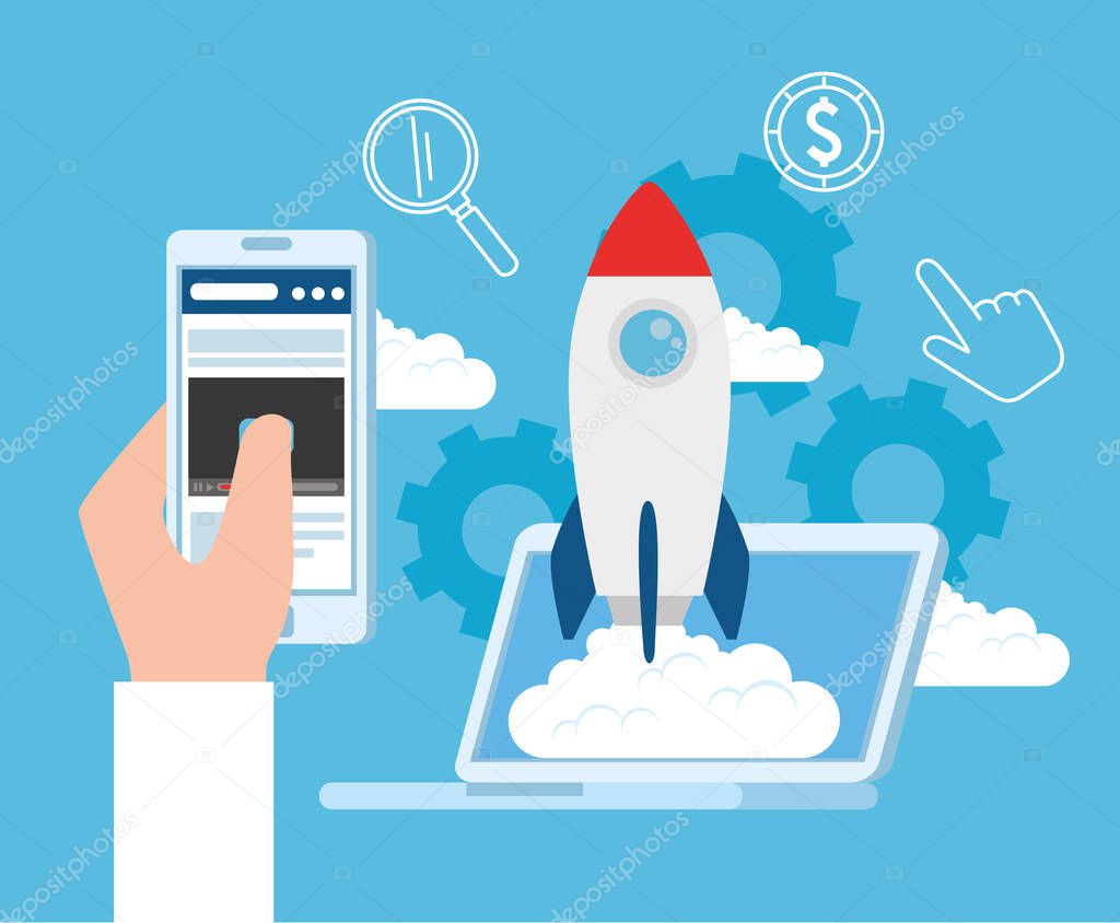 business start up concept, banner, business object startup process, laptop with rocket and hand using smartphone