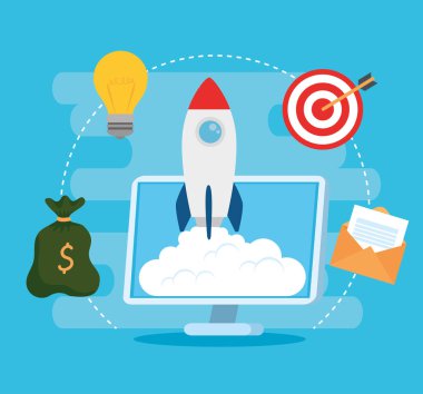 iş kurma konsepti, afiş, iş nesnesi başlatma süreci, bilgisayar ve iş simgelerine sahip roket