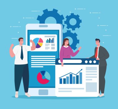 iş kurma konsepti, afiş, ticari nesne başlatma süreci, iş adamları, web sayfası ve bilgi içeren akıllı telefon