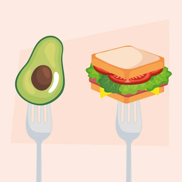 Rychlé občerstvení a zelenina, sendvič a avokádo ve vidličce — Stockový vektor