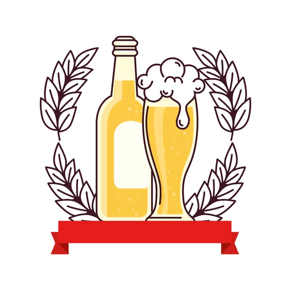 Butelka ze szklanką piwa, a szpikulec z dekoracją wstążką na białym tle — Wektor stockowy