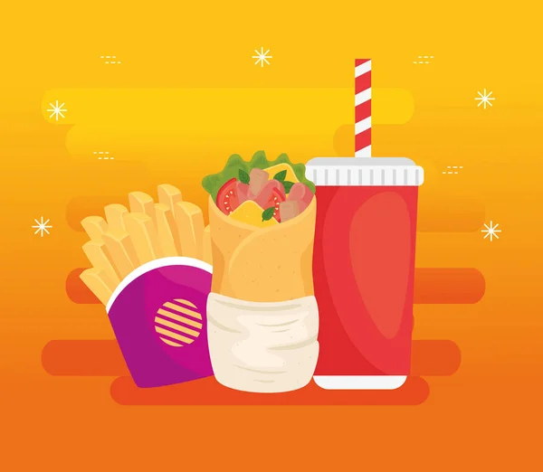 Restauration rapide, déjeuner ou repas, burrito avec frites et boisson bouteille — Image vectorielle