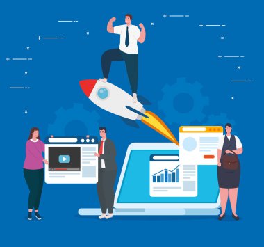 iş kurma konsepti, afiş, ticari nesne başlatma süreci, iş adamları, dizüstü bilgisayarlar, web sayfaları ve roket