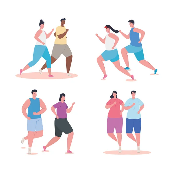 Les personnes qui courent, les personnes de groupe dans le jogging de vêtements de sport, les femmes et les hommes pratiquant l'exercice — Image vectorielle