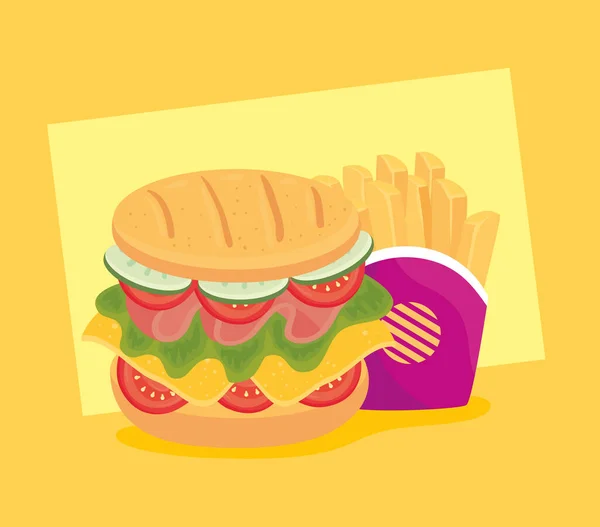 Fast food, almoço ou refeição, hambúrguer com batatas fritas —  Vetores de Stock