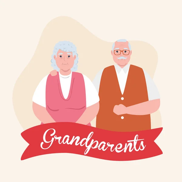 Happy grand parents day with cute older couple and ribbon decoration — Stock Vector