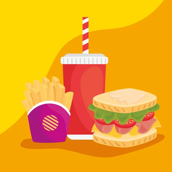 Fast food, délicieux sandwich aux frites et boisson bouteille — Image vectorielle