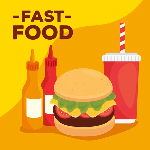 Fast food, yemek veya yemek, içecek ve şişe soslu hamburger. — Stok Vektör