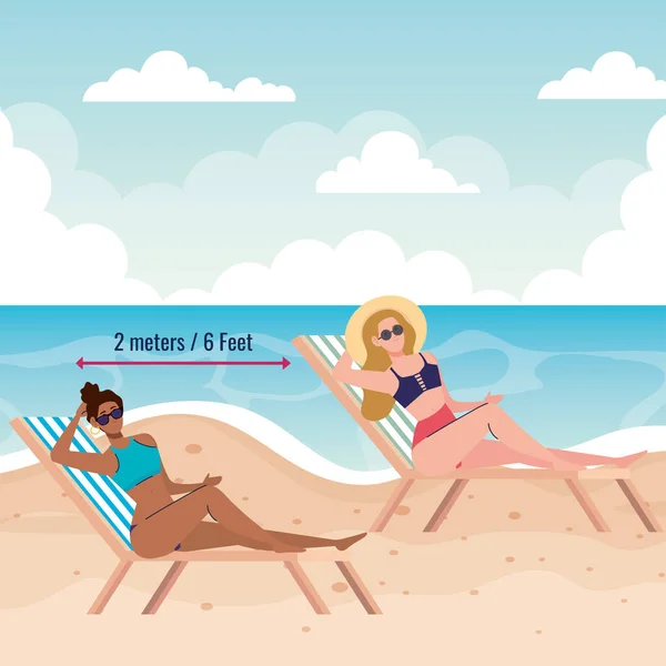 Social distancing on the beach, women keep distance on the chair beach, new normal summer beach concept after coronavirus or covid 19 — Stock Vector