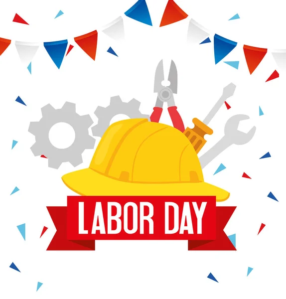 happy labor day holiday banner with helmet secure protection and tools construction