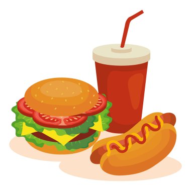 Fast food, büyük hamburger sosisli ve şişe içeceği.
