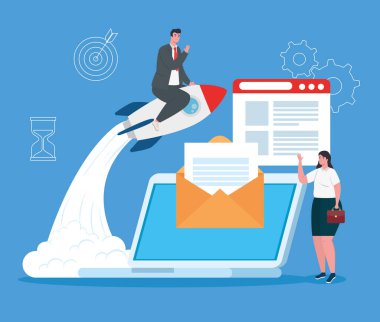 iş kurma konsepti, afiş, ticari nesne başlatma süreci, iş çifti, iş simgeli dizüstü bilgisayar