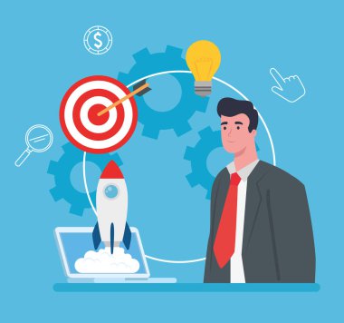 iş kurma konsepti, bayrak, ticari nesne başlatma süreci, roket ve iş simgelerine sahip iş adamı