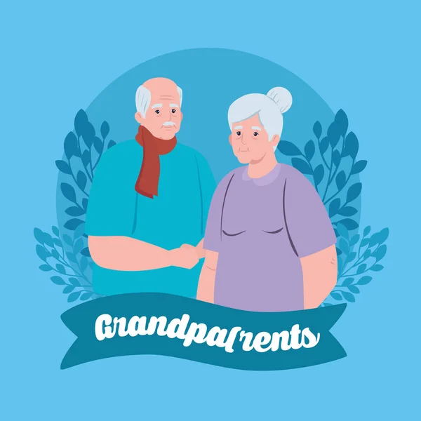 Glada morföräldrar dag med söta äldre par och lämnar dekoration — Stock vektor