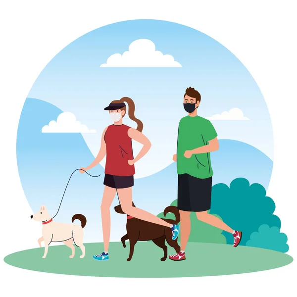 身着运动服，戴着医疗面罩的夫妇，带着狗，在户外防止考罗内病毒的入侵 — 图库矢量图片