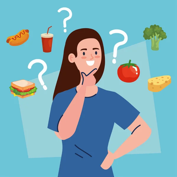 Γυναίκα που επιλέγουν μεταξύ υγιεινών και ανθυγιεινών τροφίμων, fast food vs ισορροπημένη μενού — Διανυσματικό Αρχείο