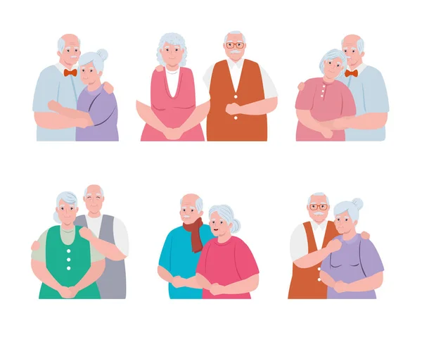 Yaşlı çiftler gülümsüyor, yaşlı kadınlar ve yaşlı erkekler aşık oluyor. — Stok Vektör