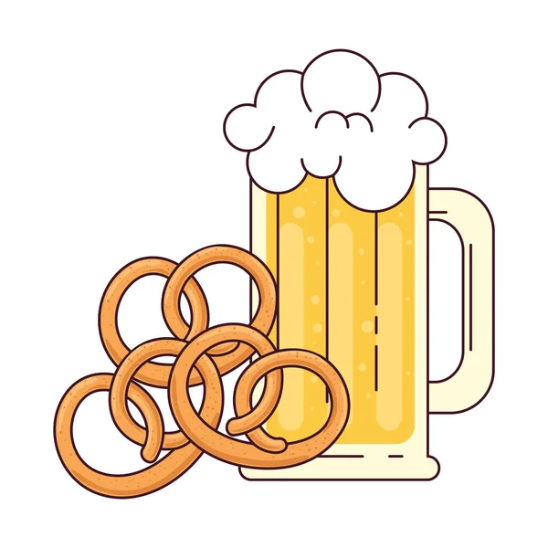 Caneca de cerveja com pretzel sobre fundo branco —  Vetores de Stock