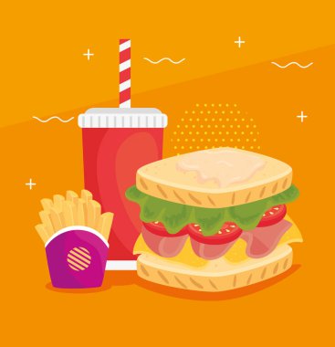 Fast food, lezzetli sandviç, patates kızartması ve içecek.