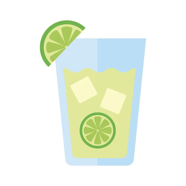 Glass with drink of lemon and ice cubes flat style icon — Stock Vector