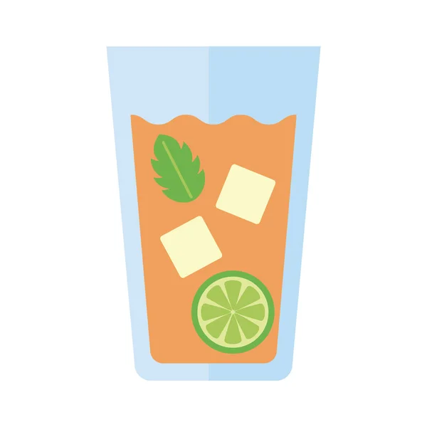 Vaso con bebida de limón y hojas de menta icono de estilo plano — Vector de stock