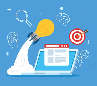 iş kurma konsepti, afiş, iş nesnesi başlatma süreci, dizüstü bilgisayarlı ampul ve simgeler