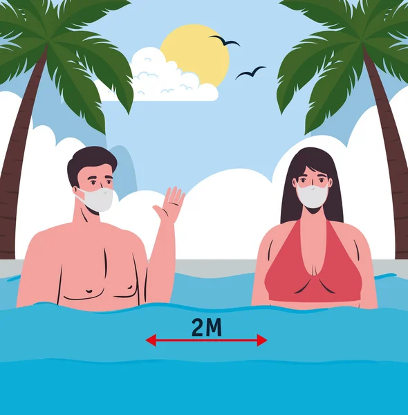 在海滩上保持距离，夫妻二人在海上戴医疗面罩，新的正常的夏季海滩概念 — 图库矢量图片