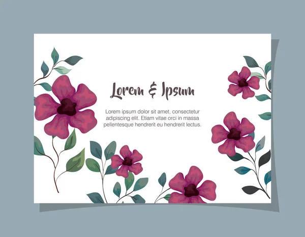 greeting card with flowers purple color, wedding invitation with flowers purple color with branches and leaves decoration