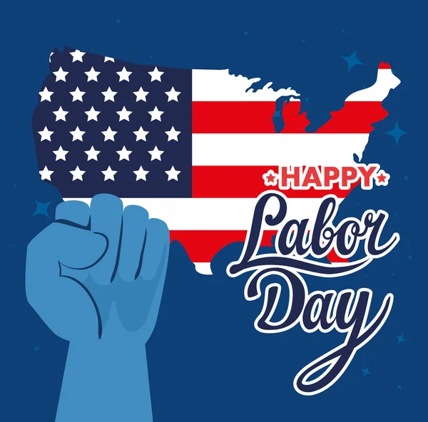 happy labor day holiday banner with map, united states national flag and hand fist