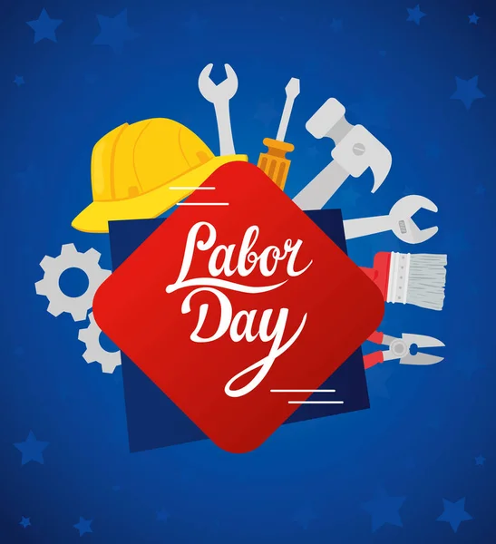 Happy labor day holiday banner with helmet secure protection and tools construction — Stock Vector