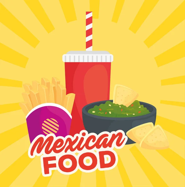 Fast-Food-Poster, mexikanisches Essen, Guacamole und leckeres Essen — Stockvektor