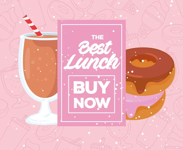 Afiche de comida, el mejor almuerzo, con letras comprar ahora, rosquillas con bebida — Vector de stock