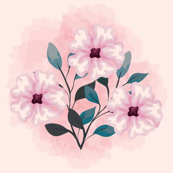 Fleurs couleur rose, branches avec feuilles, décoration de la nature — Image vectorielle