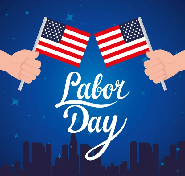 happy labor day holiday banner with hands and united states national flags