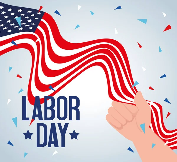 Ευτυχισμένη ημέρα εργασίας πανό διακοπών με το χέρι και τις Ηνωμένες Πολιτείες εθνική σημαία — Διανυσματικό Αρχείο