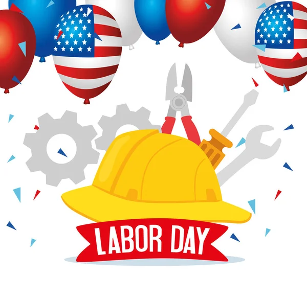 happy labor day holiday banner with helmet secure protection and tools construction