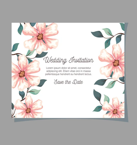 Kartka okolicznościowa z kwiatami, zaproszenie ślubne z kwiatami, z gałązkami i liśćmi dekoracji — Wektor stockowy