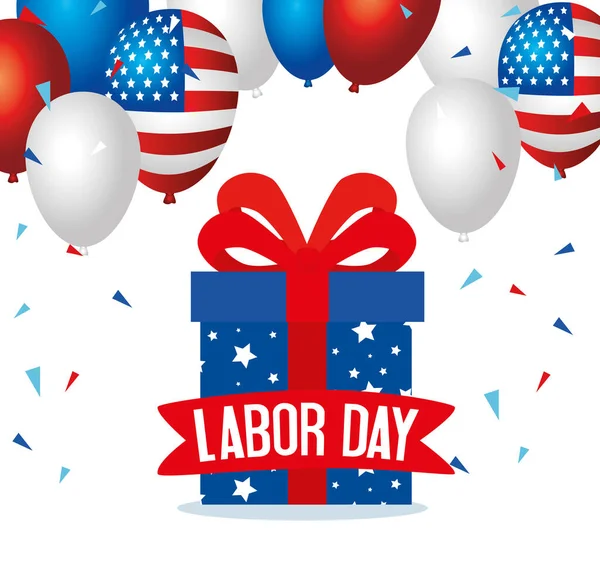 Happy labor day holiday banner with gift box and balloons helium decoration — Stock Vector