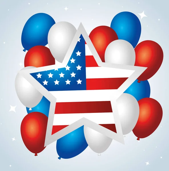 Bandera del día de fiesta del trabajo feliz, estrella con la bandera nacional de los estados unidos y globos de helio — Vector de stock