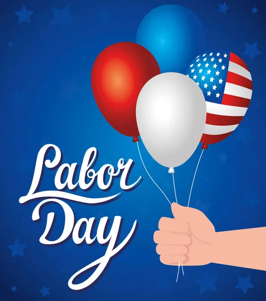 Banner feliz feriado do dia do trabalho com bandeira nacional dos Estados Unidos e decoração de hélio de balões — Vetor de Stock