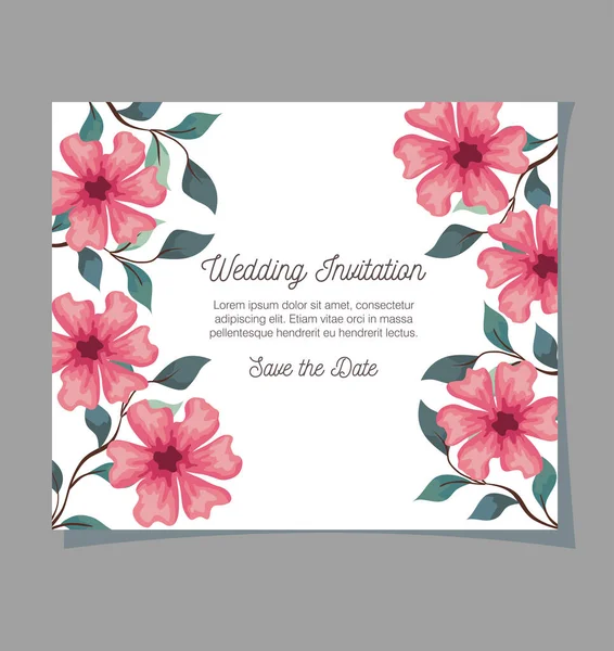 greeting card with flowers pink color, wedding invitation with flowers pink color with branches and leaves decoration