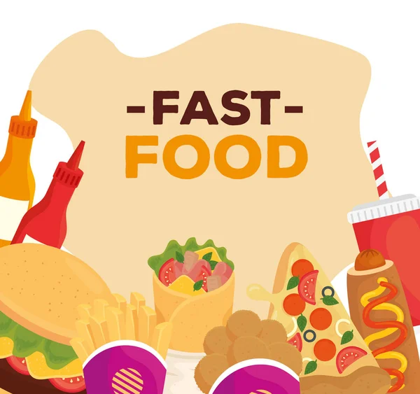 Banner con diversi deliziosi fast food — Vettoriale Stock