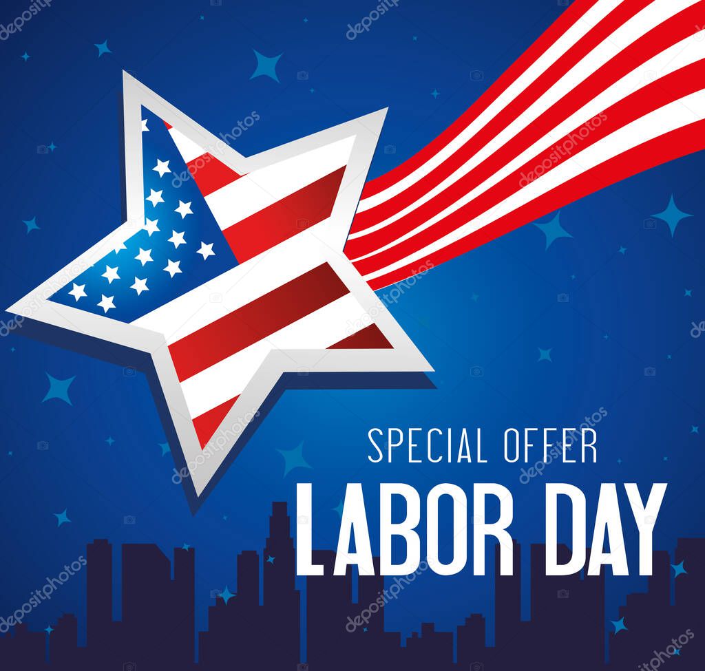 labor day sale promotion advertising banner, with flag united states and silhouette of cityscape