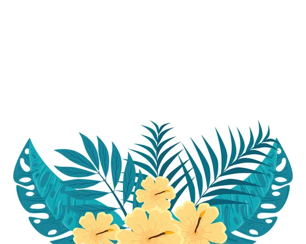 Hibisco decoração bela cor amarela, com ramos e folhas tropicais, primavera verão botânico — Vetor de Stock