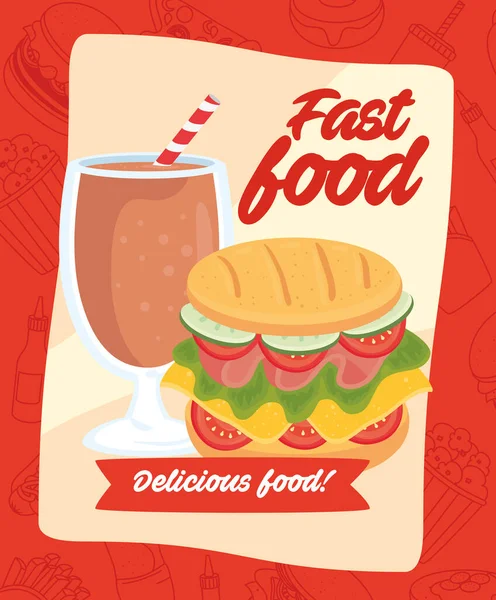 Fastfood poster, hamburger en heerlijke drank — Stockvector