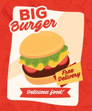 Fast food posteri, bedava teslimat, lezzetli büyük burgerli.