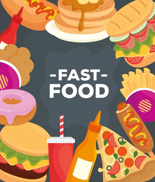 Banner com diferentes deliciosos fast food —  Vetores de Stock