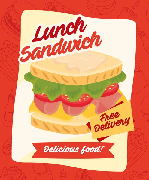 Fast food posteri, bedava teslimat, lezzetli öğle yemeği sandviçi. — Stok Vektör